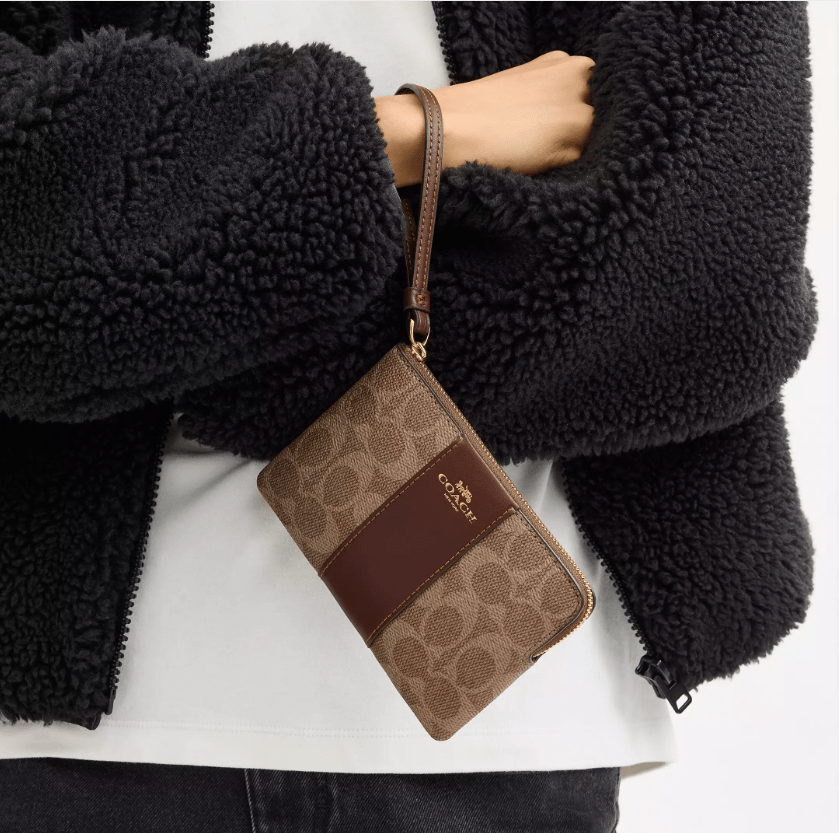 COACH - Wristlet à zip en coin en toile Signature avec rayure - Carte Blanche