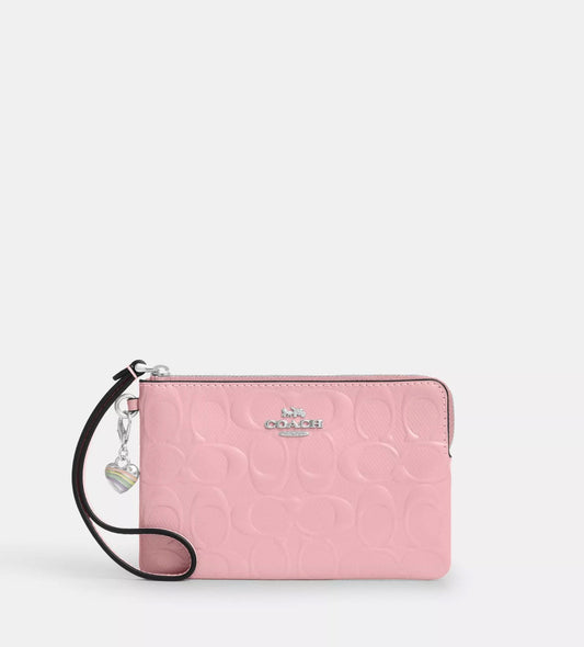 Coach Corner Zip Wristlet In Signature Leather With Heart Charm