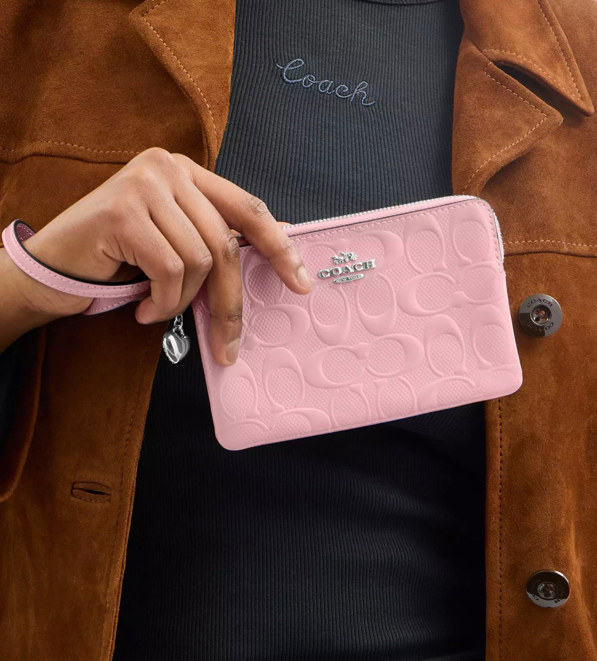 Coach Corner Zip Wristlet In Signature Leather With Heart Charm